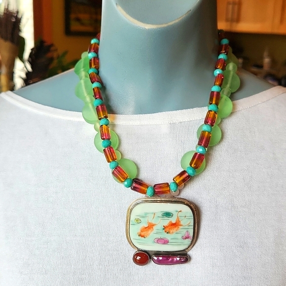 Jewelry - Double strand necklace with signed pendant pin.